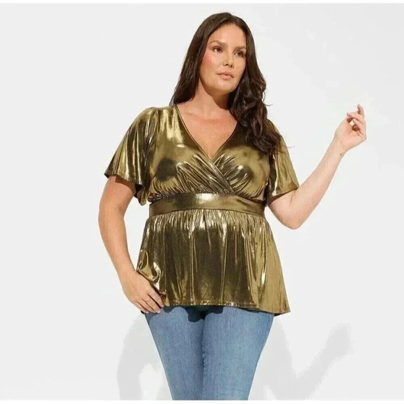 Torrid Womens 4X Liquid Shine Surplice Peplum Top Gold Stretch Short Sleeves - Picture 6 of 8